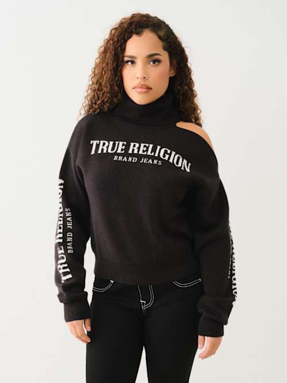True Religion Black Cold-Shoulder Logo Sweater